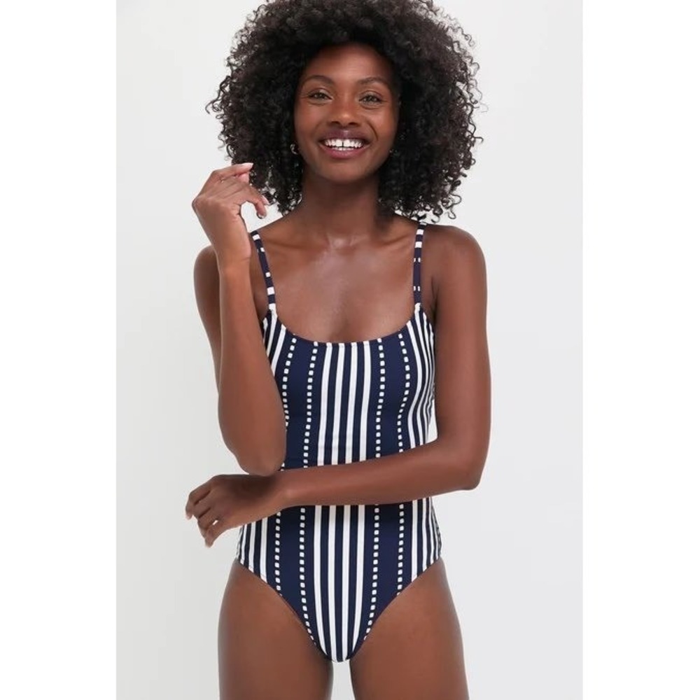 Tuckernuck Lemlem Elene One Piece Swimsuit Navy White Stripe Scoop Neck Size L
